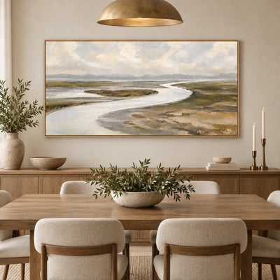 Estuary in Soft Weather above a dining sideboard beneath a brass dome pendant