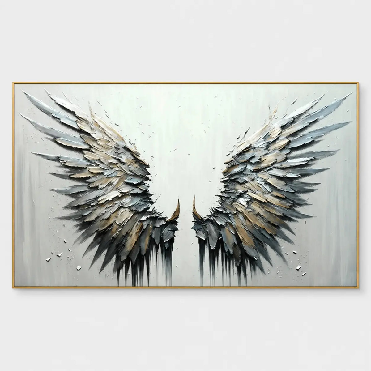 Feathers of the Open Air: Layered gray, white and beige wings rise on either side of a pale open center