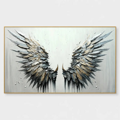 Feathers of the Open Air: Layered gray, white and beige wings rise on either side of a pale open center