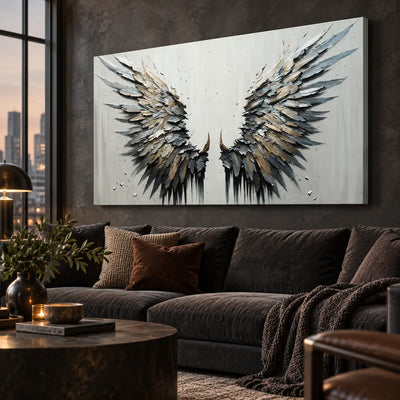 Feathers of the Open Air: viewed obliquely above a charcoal sofa beside a city-view window