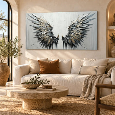 Feathers of the Open Air: above a cream sofa beside a sunlit arched window