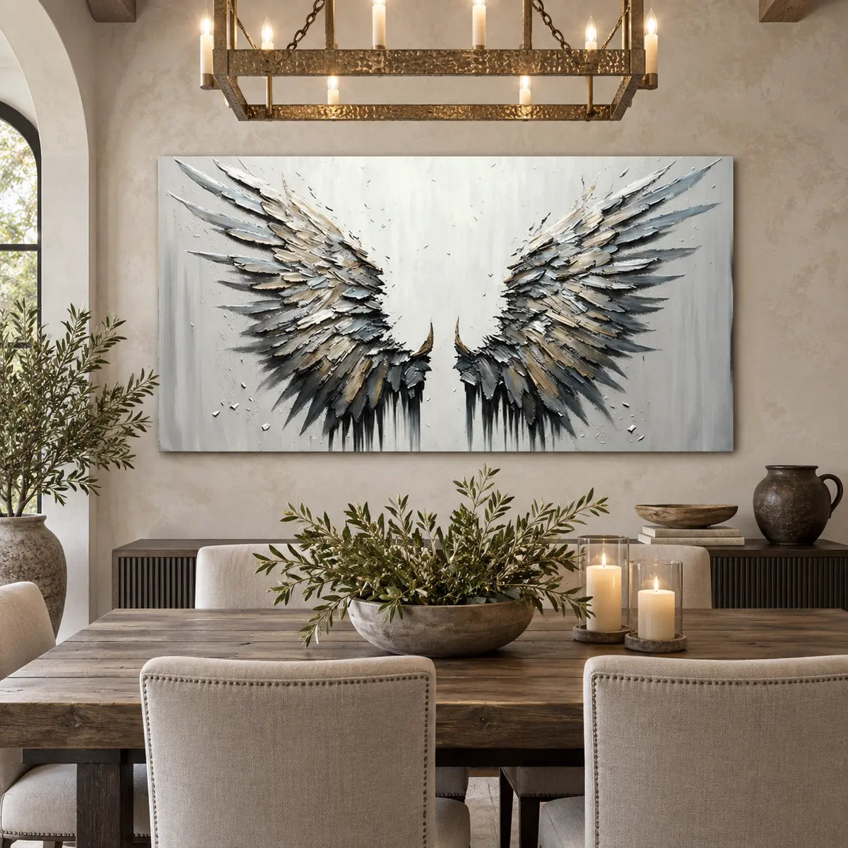 Feathers of the Open Air: above a dining sideboard beneath a rectangular candle chandelier