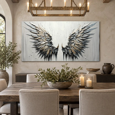 Feathers of the Open Air: above a dining sideboard beneath a rectangular candle chandelier