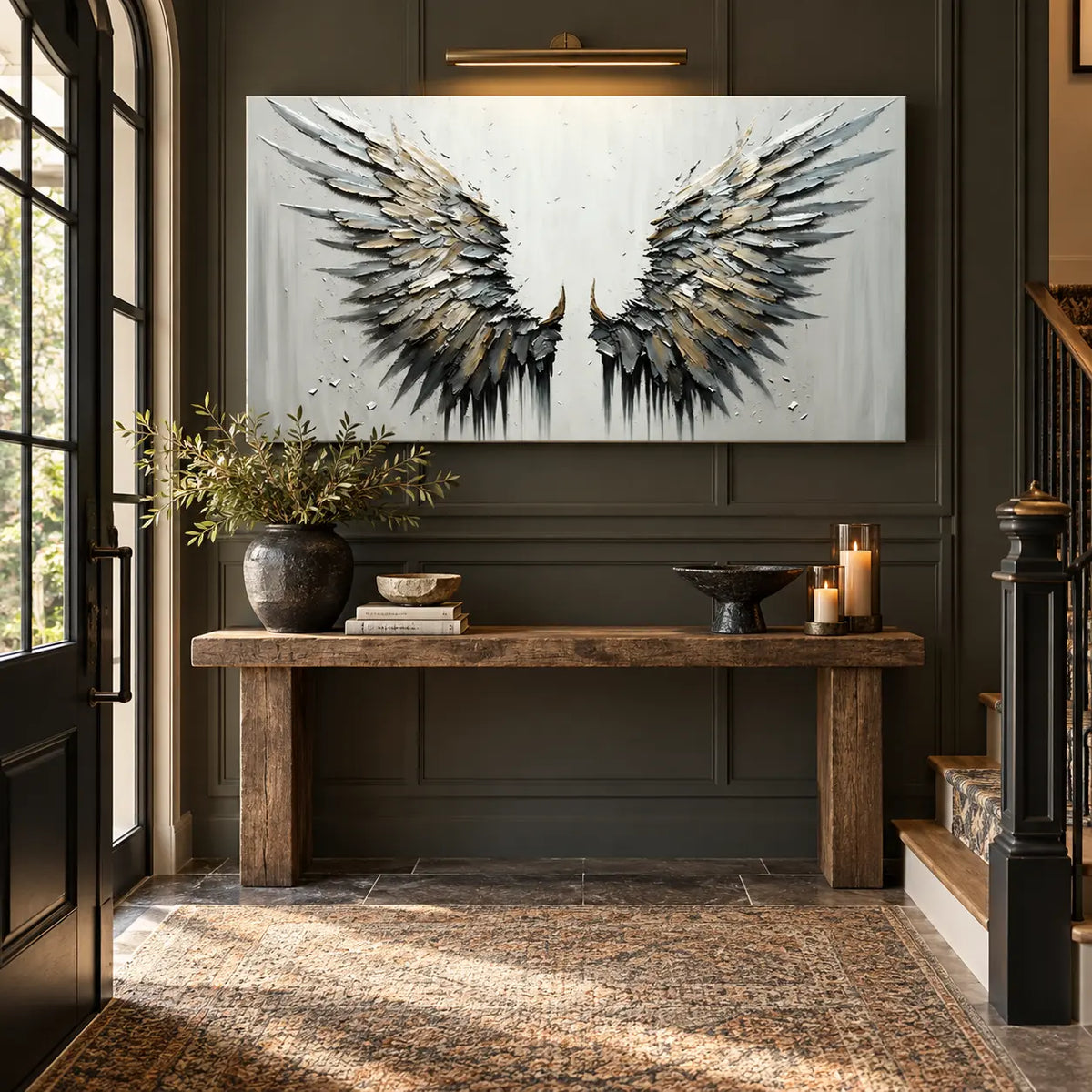 Feathers of the Open Air: on dark paneling over a rustic console beside stairs