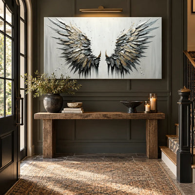 Feathers of the Open Air: on dark paneling over a rustic console beside stairs