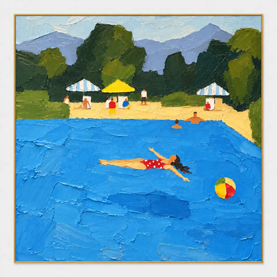 Floating Past the Parasols: A red polka-dot swimmer floats horizontally near a striped beach ball