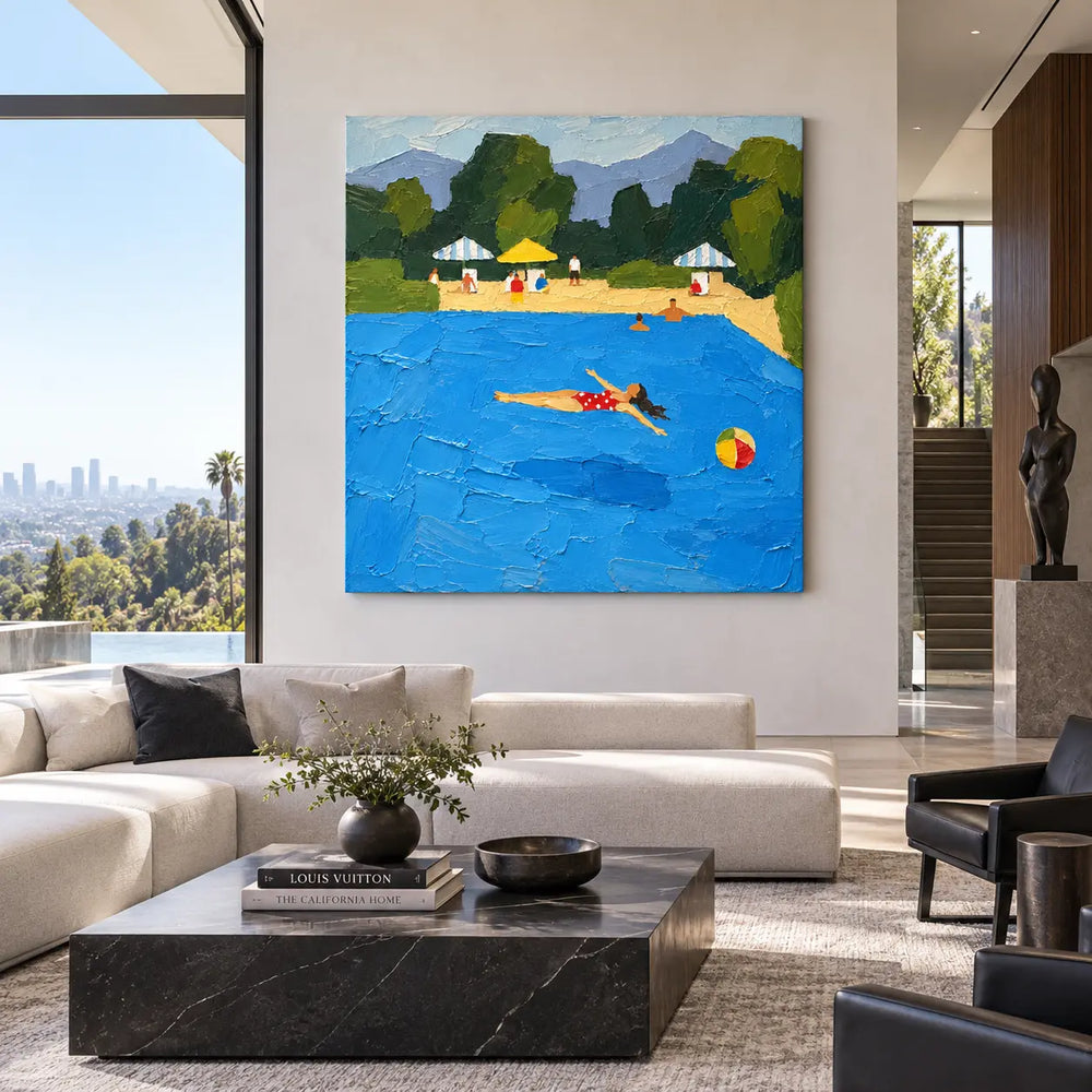Floating Past the Parasols: above a cream sofa with a low dark table and tall windows