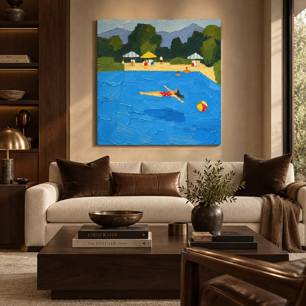 Floating Past the Parasols: above a cream sofa with brown cushions beside illuminated shelves