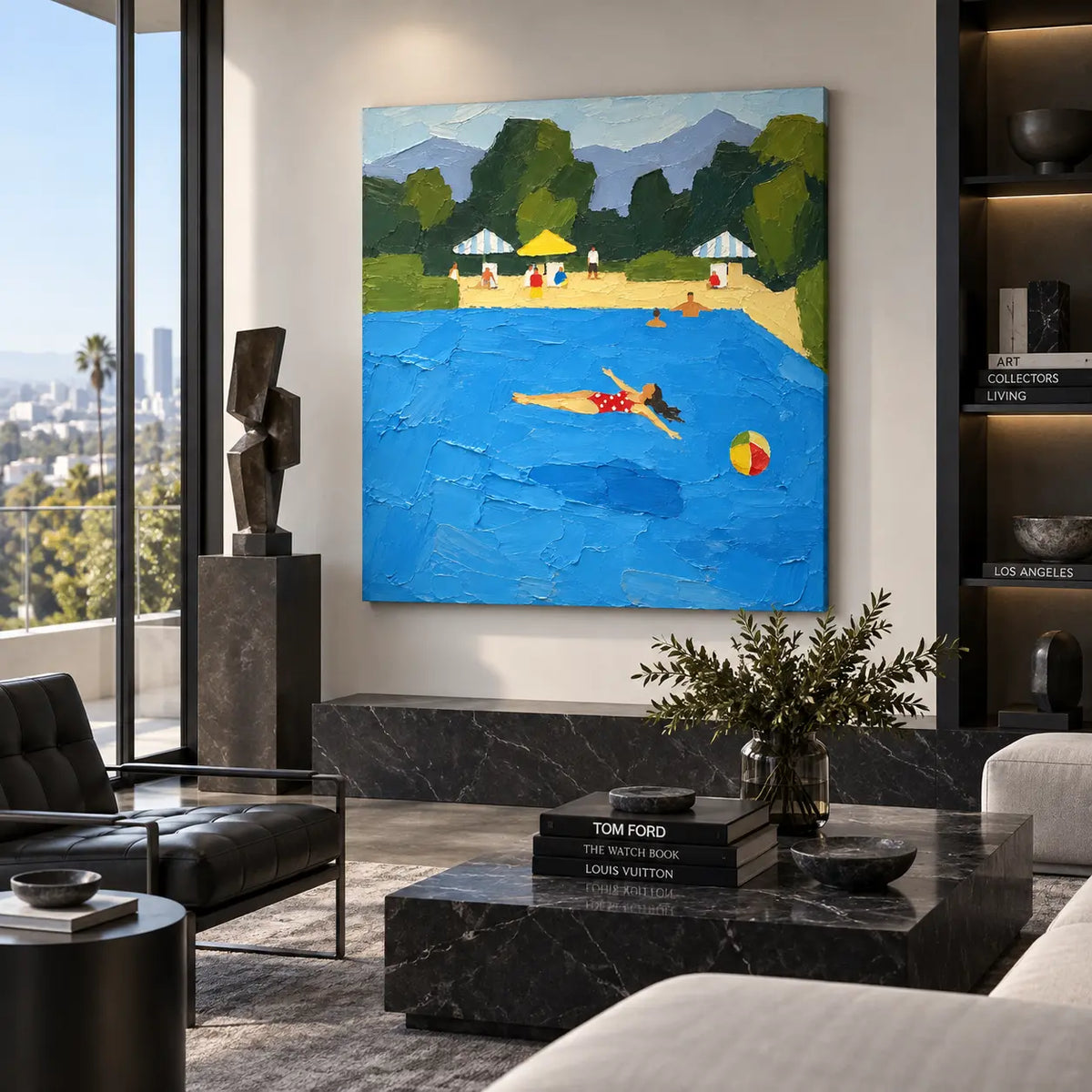 Floating Past the Parasols: above a dark stone fireplace beside an abstract sculpture and white sofa