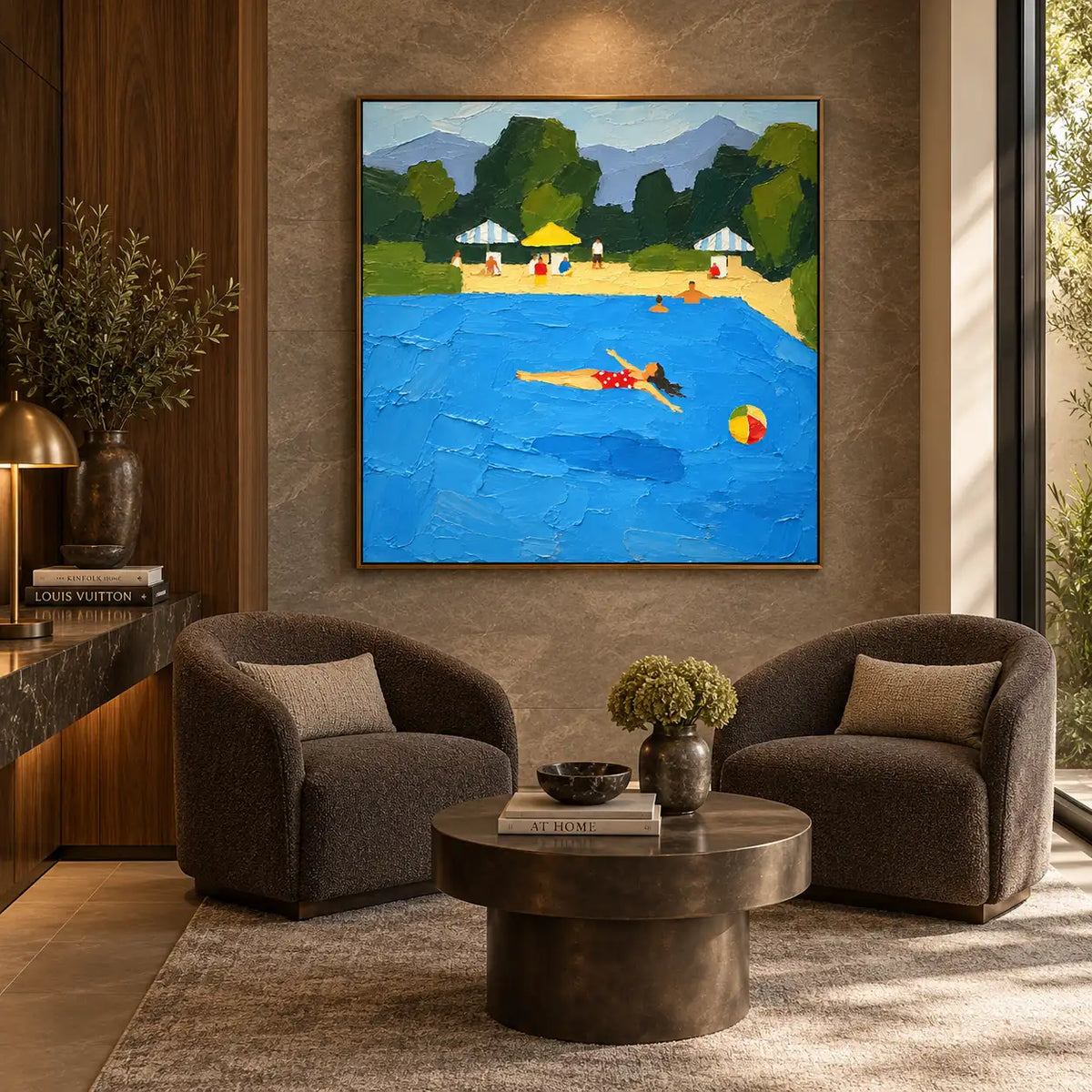 Floating Past the Parasols: between two rounded armchairs beneath a picture light