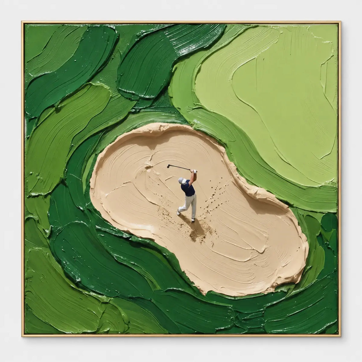 From the Sand: A lone golfer in a pale sand bunker surrounded by layered greens