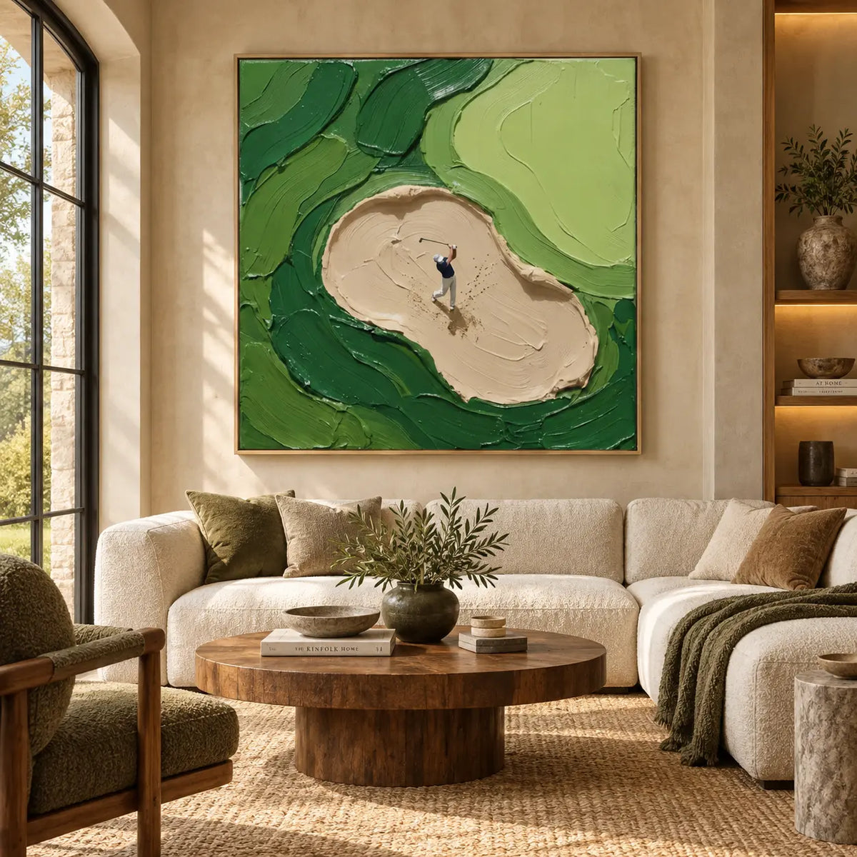 From the Sand above an ivory sofa with green cushions and a round wood table