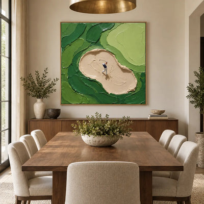 From the Sand above a dining sideboard under a brass dome pendant