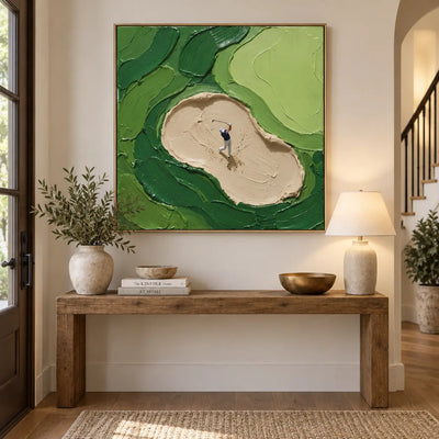 From the Sand above an entry console with a ceramic lamp and upholstered bench