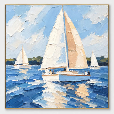 Full Sail in June: A white sailboat with a peach sail and bright blue reflections
