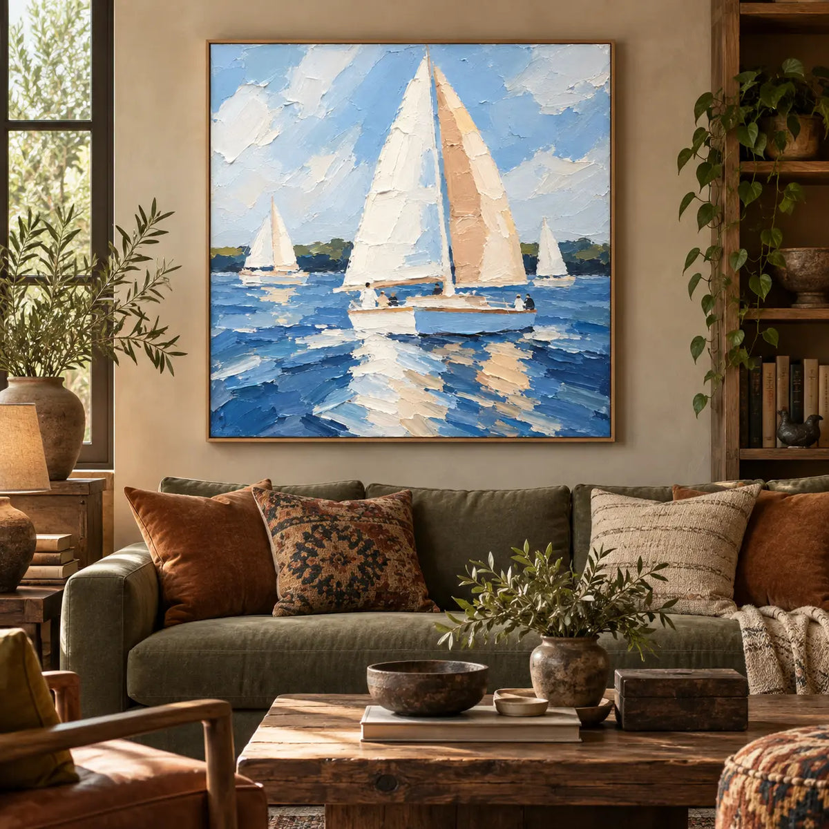 Full Sail in June above an olive sofa with patterned cushions and a rustic coffee table
