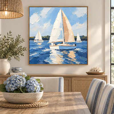 Full Sail in June over a dining sideboard with blue flowers beneath a woven pendant