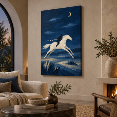 Gallop Under a Crescent: angled beside a lit stone fireplace and arched window