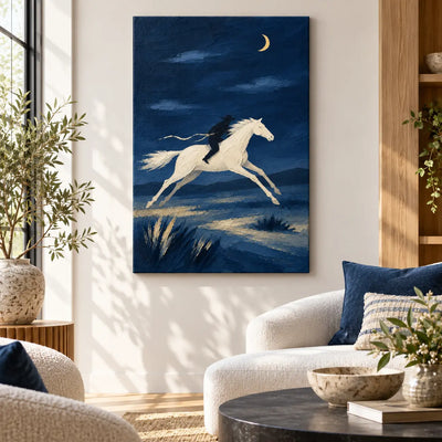 Gallop Under a Crescent: beside white boucle seating with blue cushions