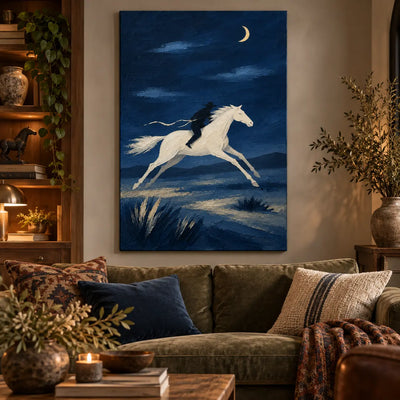 Gallop Under a Crescent: above an olive sofa beside warmly lit wooden shelves
