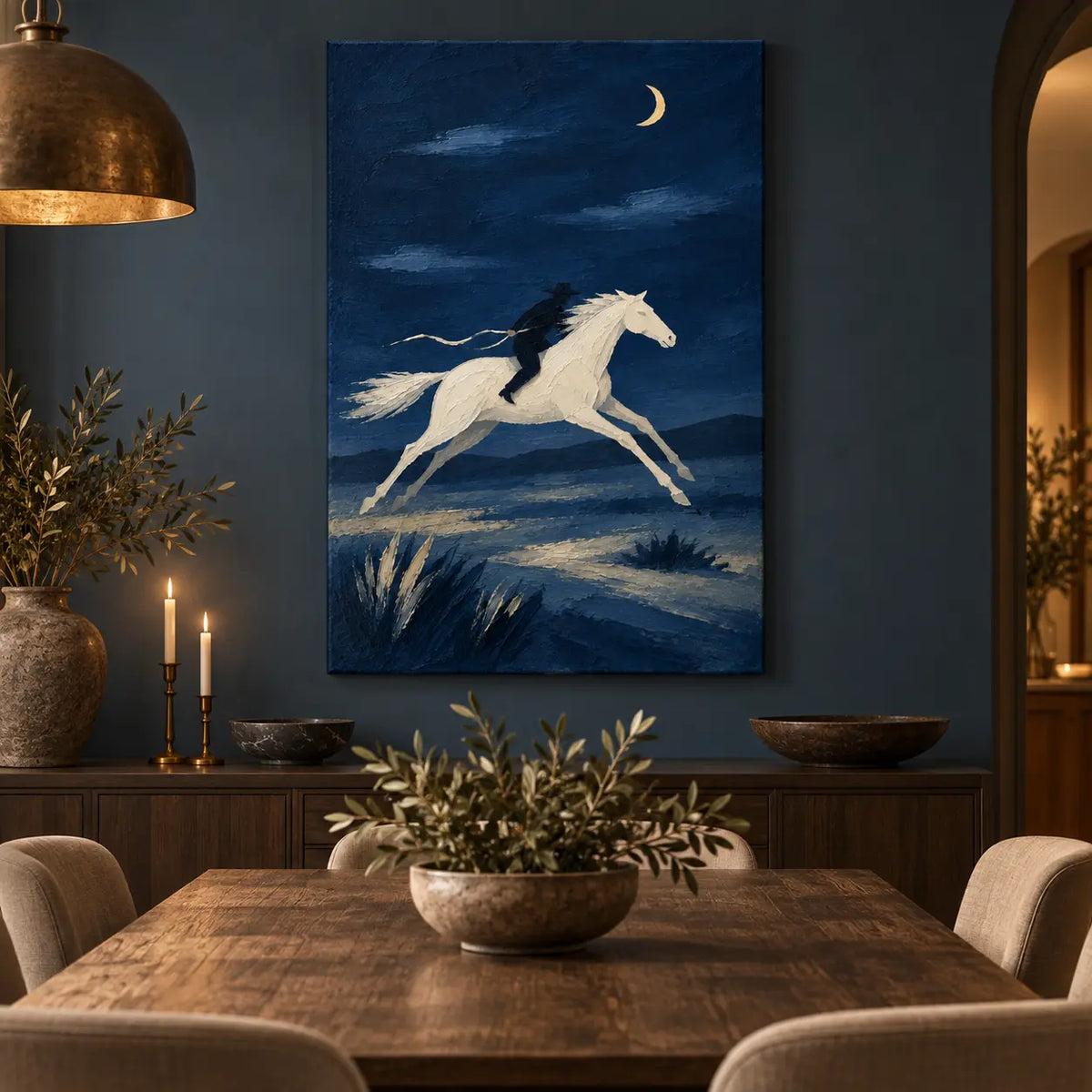 Gallop Under a Crescent: on a blue dining room wall above a dark sideboard