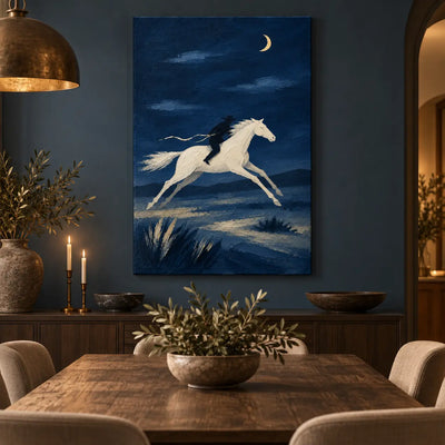 Gallop Under a Crescent: on a blue dining room wall above a dark sideboard
