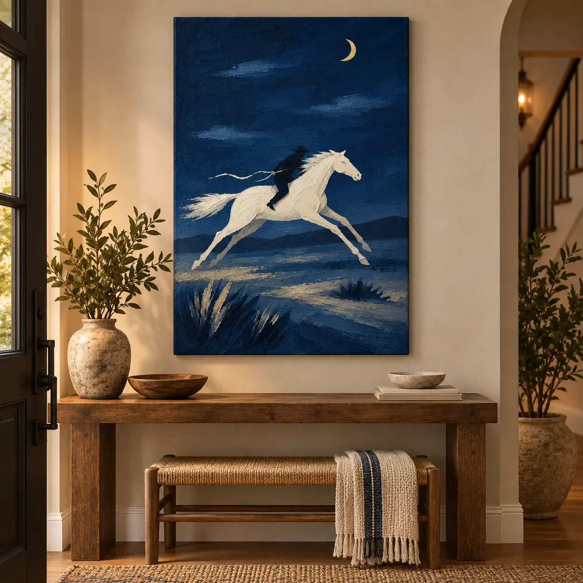 Gallop Under a Crescent: above an entry console and woven bench beside a staircase