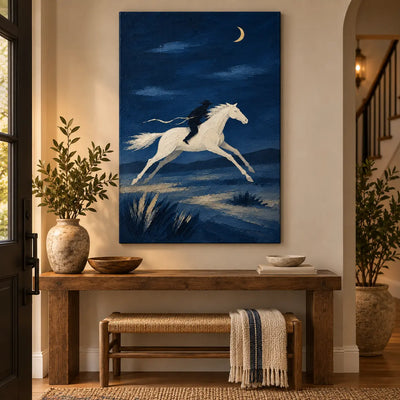 Gallop Under a Crescent: above an entry console and woven bench beside a staircase