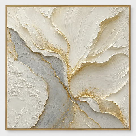 Gilded Faultlines: Ivory layered ridges fan upward and right from a low central junction