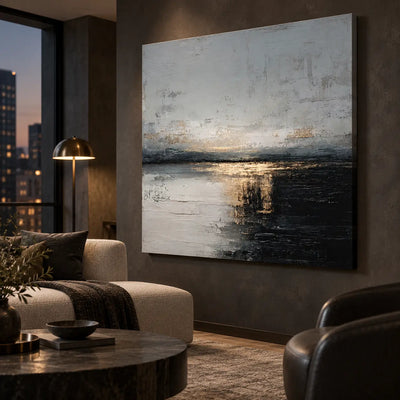Gold at the Dark Waterline: angled beside a dusk city-view window and bronze dome floor lamp