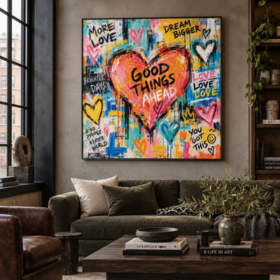 Good Things in a Coral Heart: artwork above a green sofa beside an industrial window and dark wood table