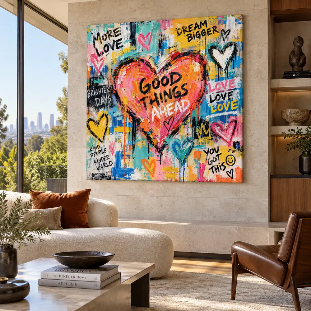 Good Things in a Coral Heart: artwork above a curved cream sectional with a terrace view