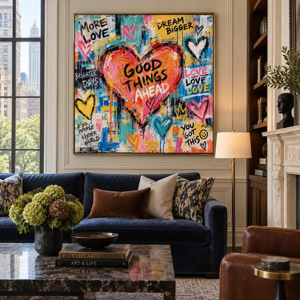 Good Things in a Coral Heart: artwork above a navy sofa on pale paneling beside a floor lamp