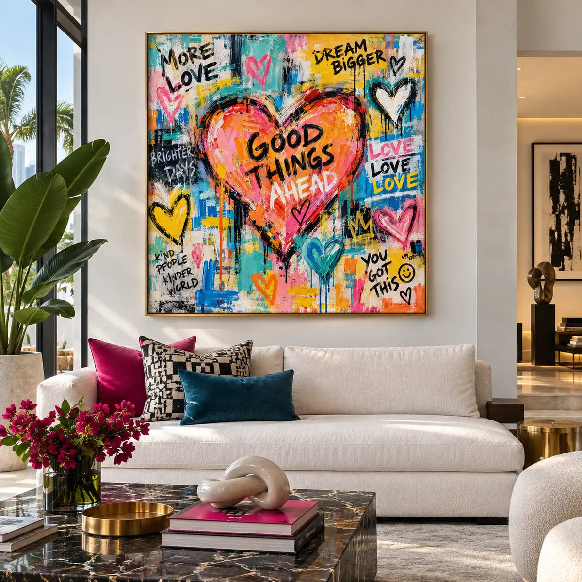 Good Things in a Coral Heart: artwork above white seating with pink and teal cushions and a dark marble table