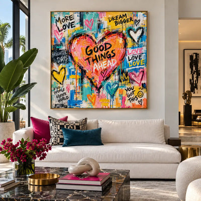 Good Things in a Coral Heart: artwork above white seating with pink and teal cushions and a dark marble table