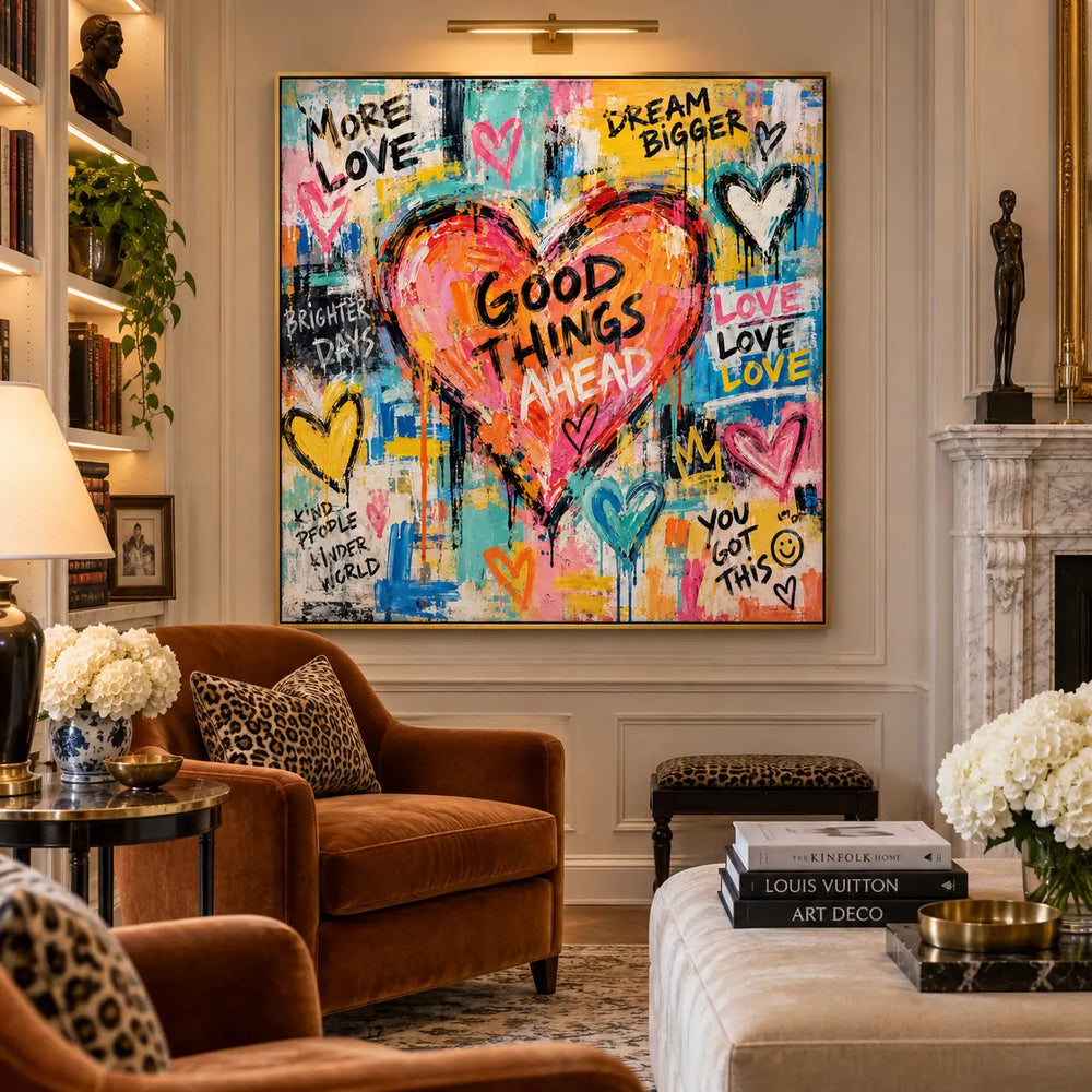 Good Things in a Coral Heart: artwork beside a fireplace above rust and cream seating beneath a brass picture light