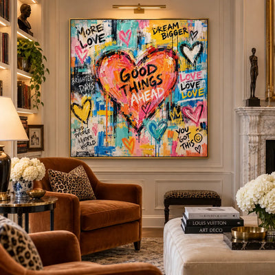 Good Things in a Coral Heart: artwork beside a fireplace above rust and cream seating beneath a brass picture light