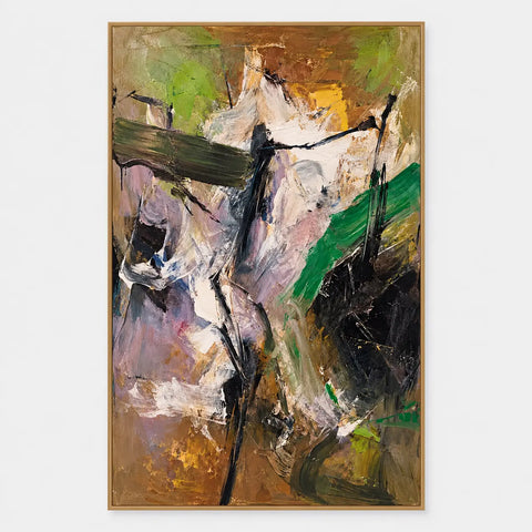 Green Through the Pale Ascent: A broad olive stroke crosses the upper left of pale rising forms