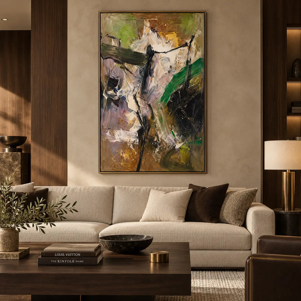 Green Through the Pale Ascent: above a cream sofa with brown cushions and a dark wood table
