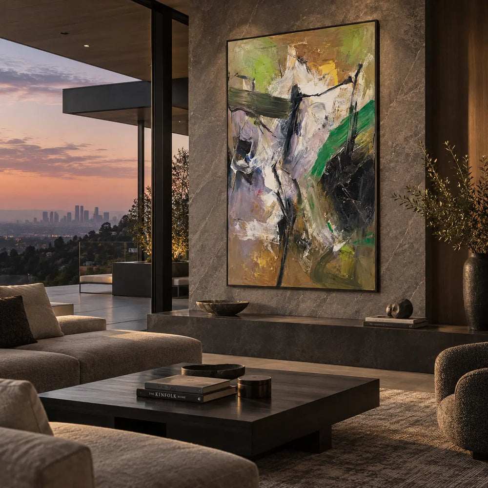 Green Through the Pale Ascent: above a low stone ledge beside a sunset view and taupe seating