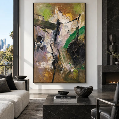 Green Through the Pale Ascent: beside a black fireplace above a veined dark coffee table