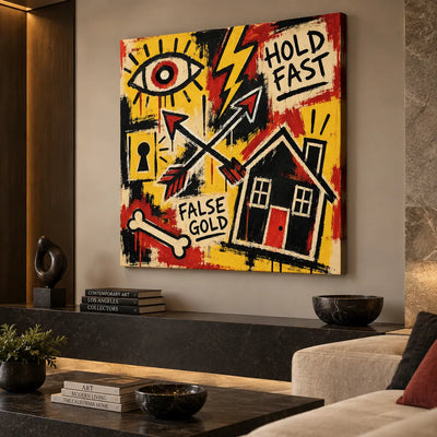 Hold Fast at the Red Door: artwork above a dark console facing a cream sectional in a stone-walled room