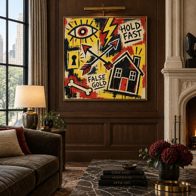 Hold Fast at the Red Door: artwork on dark wood paneling beside a fireplace and green sofa