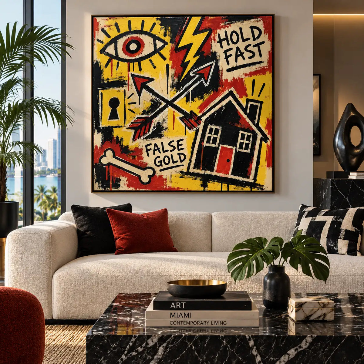 Hold Fast at the Red Door: artwork above a white sofa with red and patterned cushions near a palm