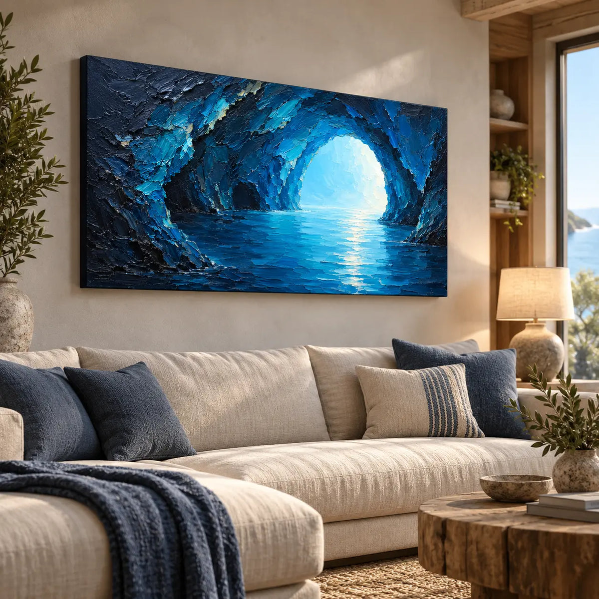 Inside the Blue Grotto: angled above a cream sectional beside an ocean view window