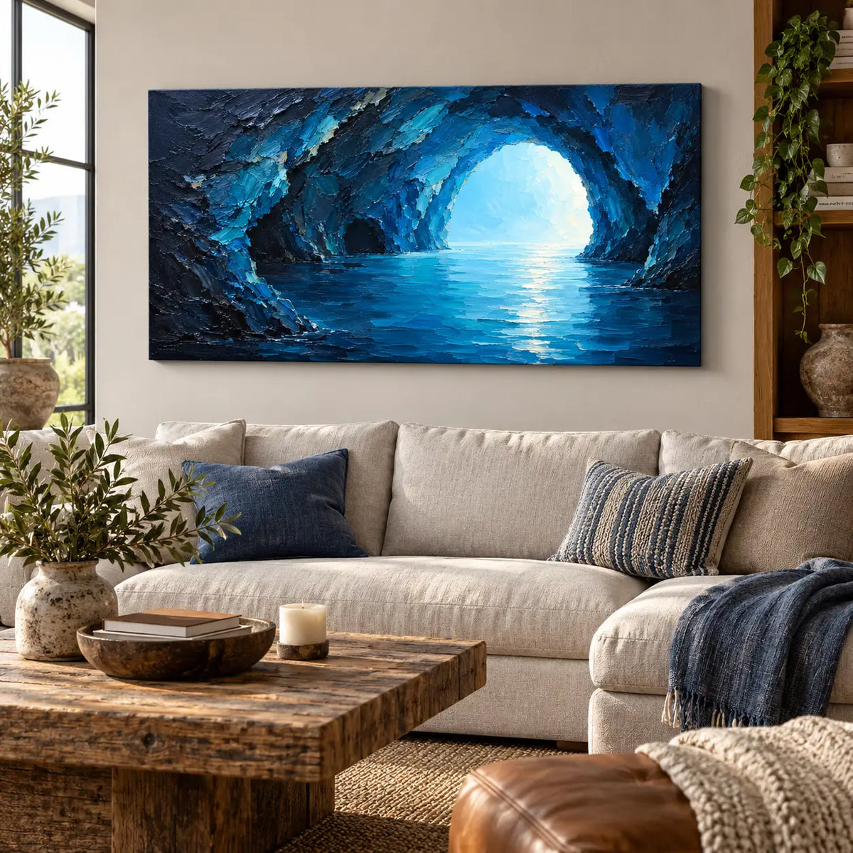 Inside the Blue Grotto: above a cream corner sectional with a leather ottoman in front