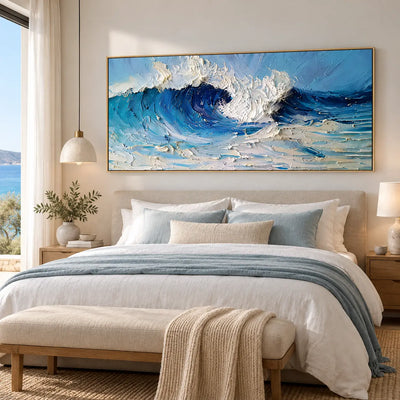 Inside the Turquoise Break: above a bed with pale blue cushions and a single dome pendant