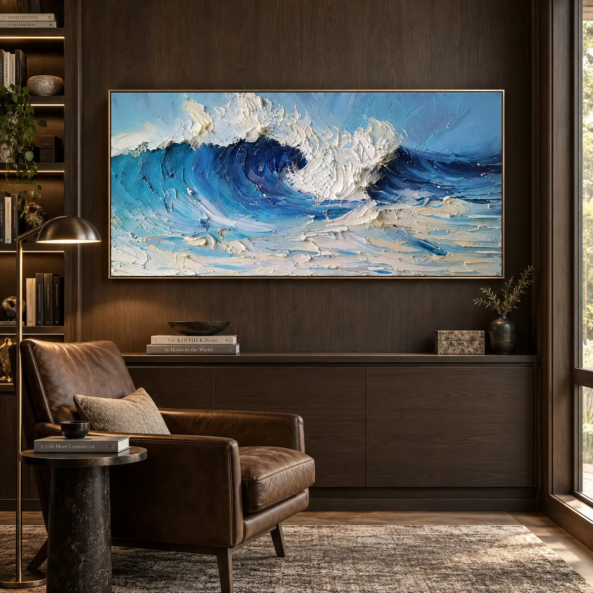 Inside the Turquoise Break: on a dark wood library wall beside a leather chair and floor lamp