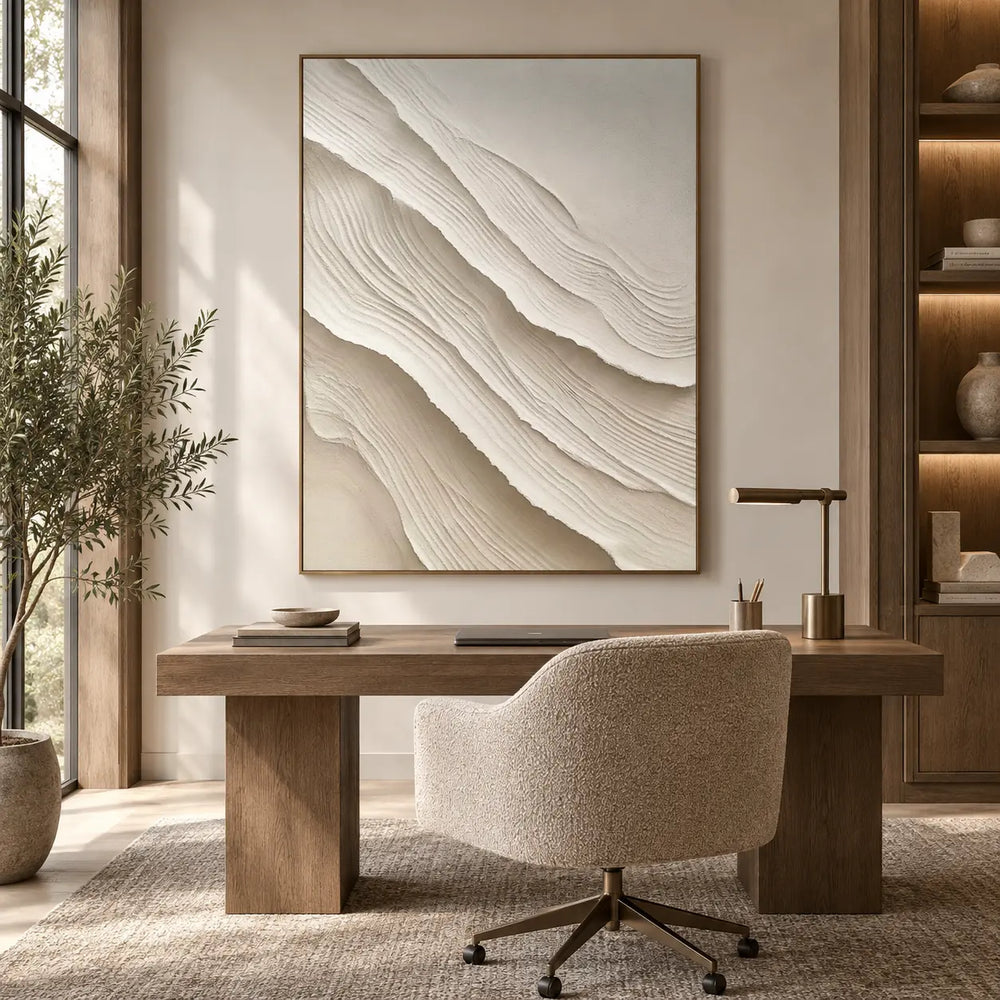 Folds Descending: textured canvas artwork above a wood desk with a swivel chair and task lamp.
