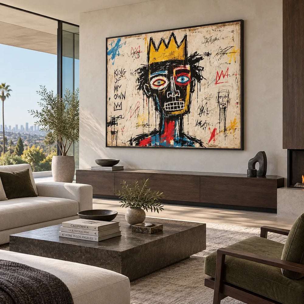 King of My Own Color: artwork above a long wood console behind cream seating with a garden view
